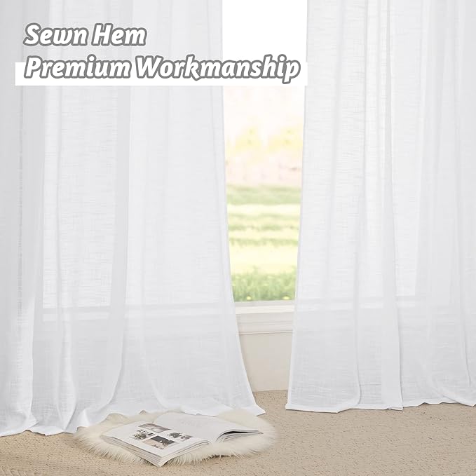 RYB HOME White Sheer Curtains for Living Room, Linen Textured Sheer Drapes Wall Panels Backdrop Filter Sunlight Glare for Bedroom Office Doorway, W 52 x L 96 inch, 2 Panels, White