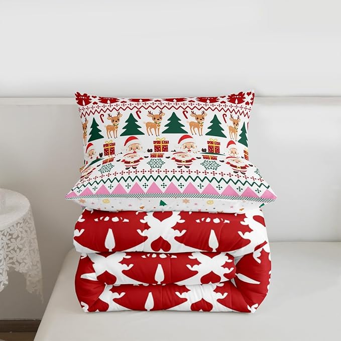 Feelyou Merry Christmas Comforter Set All Season Santa Claus Bedding Set with 2 Pillow Cases Cute Deer Microfiber Kids Queen Bedclothes Snowflake Bedroom Decor Duvet Quilt Breathable Soft
