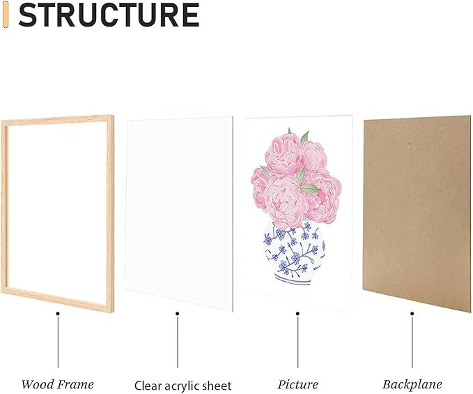 CHMMART 3 Piece Pink Floral Framed Wall Art Blue and White Chinoiserie Flower Canvas Art Prints Peony Pictures Wall Decor Painting Artwork for Living Room Bedroom Bathroom 16x20in