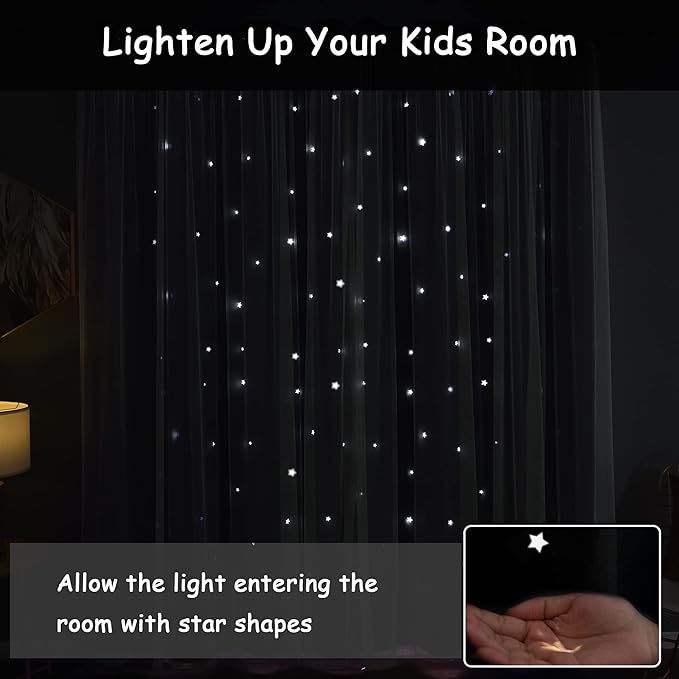 Kinryb Kids Blackout Curtains for Bedroom/Living Room/Classroom, Sheer Overlay Small 2 Panel Set, Double Layer Curtains with Star Cutout for Kids Room(W 52 x L 45 Inches,Stone Blue 2 Pcs)