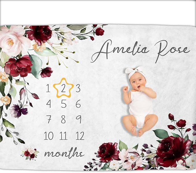 OLIVE OLIVIA Personalized Monthly Baby Milestone Blanket, Baby Months Blanket, Perfect Custom Newborn Gifts,30"x40"