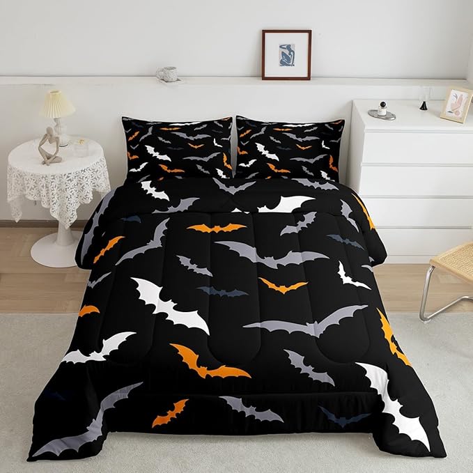 Erosebridal Gothic Halloween Decor Comforter Set King Size for Kids Boys Girls - Bats Animal Silhouette Bedding Set with 2 Pillow Cases, Orange and Grey Duvet Insert