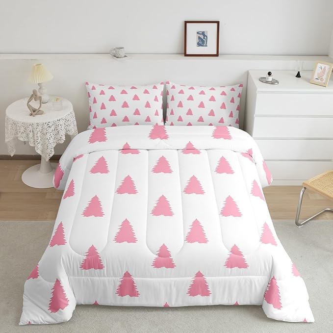 Feelyou Pink Christmas Trees Bedding Set for Kids Boys Girls Queen Size Holiday Comforter Set Ultra Soft Winter Comforter Xmas Decor Duvet Quilt Bedroom Decor Christmas Ornaments Quilt