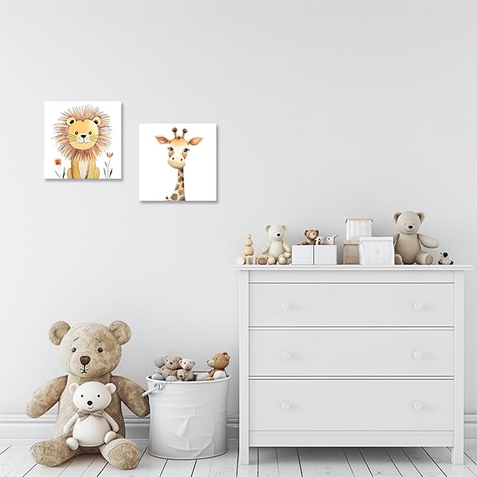 Baby Animal Framed Canvas Wall Art Set of 2 - Cute Baby Lion Giraffe Paintings Posters Woodland Animals Pictures Prints for Kids Room Bedroom Decor(Artwork-03, 24"x24"x2P)