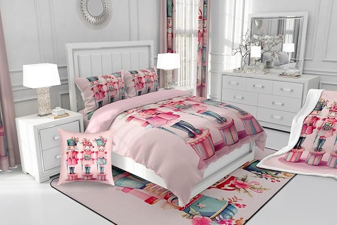 Feelyou Christmas Decorations Nutcrackers Kids Comforter Set Full Size Pink Christmas Bedding Set Funny Nutcracker Duvet Quilt for Kids Boys Girls Bedroom Berries Printed Decor Kawaii Soft Breathable