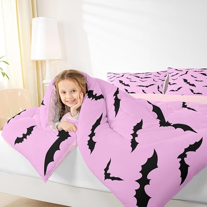 Erosebridal Gothic Bat Comforter Set Halloween Theme Bedding Set Twin Size,Horror Spooky Animal Quilt for Kids Boys Girls Adults Black Bats Silhouette Down Comforter,Pink Goth Room Decor