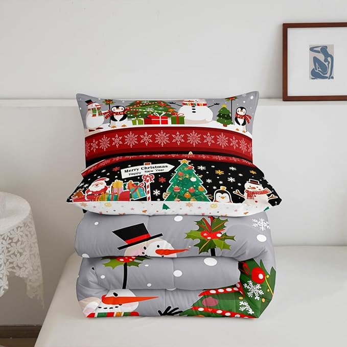 Erosebridal Christmas Tree Decor Quilts Cartoon Snowman Comforter Set for Teens Kids Boys Xmas Deer Elk Santa Claus Bedding Set for New Year Snowflake Red and Black Duvet Insert Toddler Size