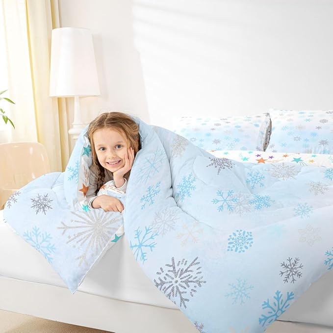 Feelyou Glitter Snowflake Comforter Set Full Size, Blue Snowflake Comforter Kids Toddler Ombre Bedding Set Winter Theme Duvet Set Microfiber Bed Set