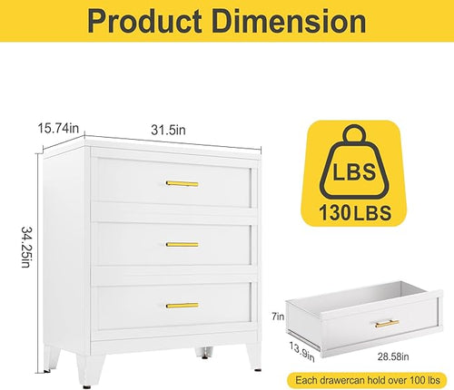 34.25" Tall Metal Dresser for Bedroom, 3 Drawer White File Cabinet with Gold Handles, Dressers Chests with Fluted Panel, Vertical Drawer Storage Cabinet for Living Room, Entryway, Hallway