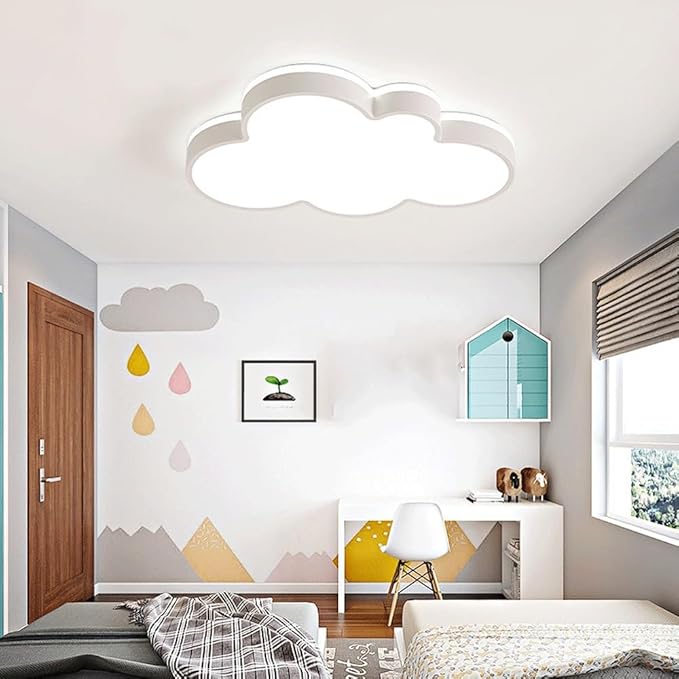Cute Cloud LED Ceiling Light Fixture, Blue & White Flush Mount Lamp, Modern Eye-Caring Lighting for Kids’ Bedroom, Nursery, Baby Room, Playroom Decor(White,48cm)
