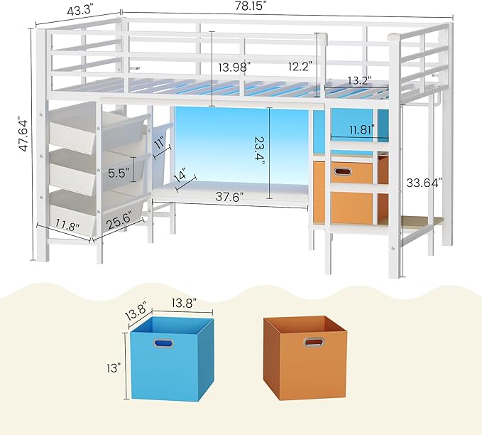 DICTAC Low Loft Bed Twin Size with Reading Corner Metal Twin Loft Bed with LED Lights,Sling Drawers and Bookshelf,loft Bed with Storage Basket and Bins,13.98" H Safety Guardrail and Stairs,White