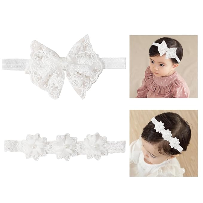 2 Pack 18-20in Elegant White Flower Christening Headbands for Baby Girl, Elastic Soft Lace with Cute Tulle Pearl Hair Strap (White flowers)