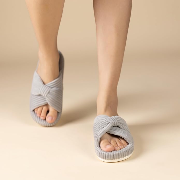 Chantomoo Slippers for Women Memory Foam House Bedroom Corduroy Bow Crossbands Slipper Shoes Comfy Trendy Gift Slippers