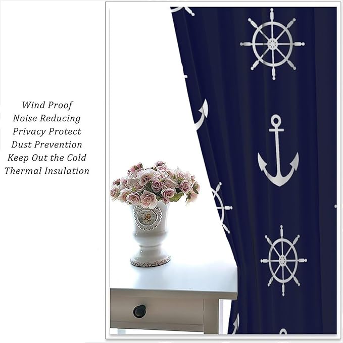 Nautical Rudder Curtains,MarineThemed Oceanic Anchor Pattern Blackout Print Home Bedroom Living Room Window Treatments 2 Panel Set 72x63 Inch