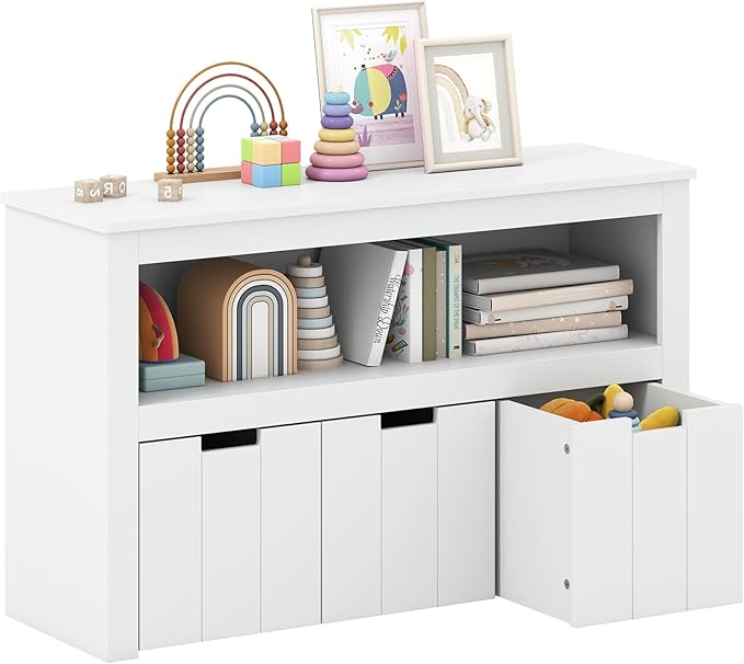 HONEY JOY Kids Toy Storage Organizer, Children Daycare Shelf, 3 Wooden Toy Box w/Wheels, Toddler Classroom Display Cabinet for Playroom, Nursery, Kindergarten (White)