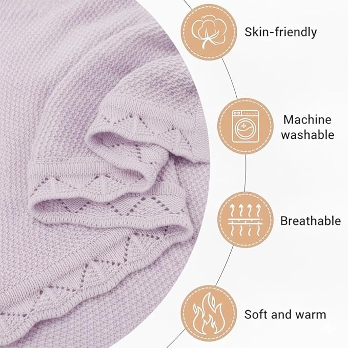 Baby Knit Blanket Soft Breathable Cotton Scallop Border Blankets Newborn Knitted Blanket Swaddle Blankets Gifts for Baby Newborn Toddler Shower Boy Girl New Mom Birthday Christmas Lilac 30x40