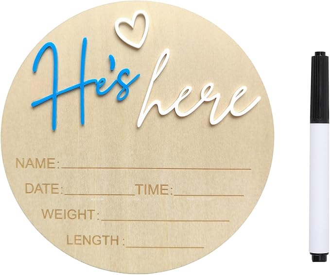 Baby Announcement Sign, 5.9 Inch Wooden Hello World Newborn Signs, Birth Announcement Sign, Gender Reveal Signs, He's here Decoration, Welcome Newborn Arrival To World, Hospital Nursery for Baby (Dark blue He's)