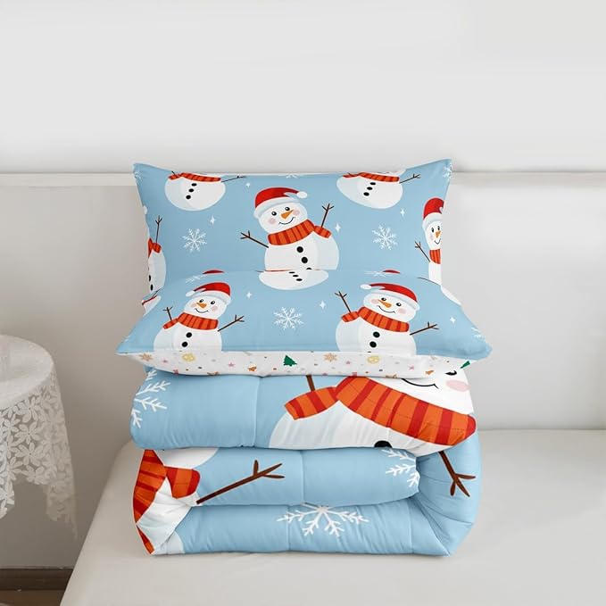 Feelyou Merry Christmas Bedding Set Soft for Boys Girls, Snowman Comforter Set Full Size Snowflake Duvet Quilt Microfiber Bedroom Decor 3 Pcs with 2 Pillow Cases