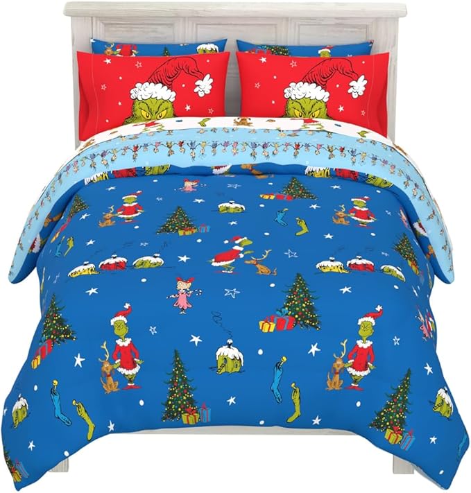 Grinch by Dr. Seuss Holiday & Christmas Bedding Super Soft Comforter and Sheet Set with Sham, 7 Piece Full Size (Official Dr. Seuss Product) by Franco