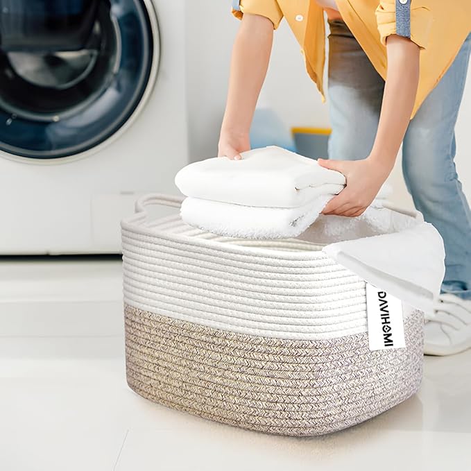 Square Woven Cotton Rope Basket for Organizing, Gift Baskets for Handles, Empty Gift Baskets, Toy Basket for bins|13.5" x 11" x 9.5" home decor for Living Room, Bathroom（White Brown）