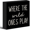 Where The Wild Ones Play Black Wood Box Sign Desk Decor 5X5, Nursery Kids Room Wooden Block Sign Decorations for Playroom Toddler Boys Girls Room Wall Tabletop Shelf Decor