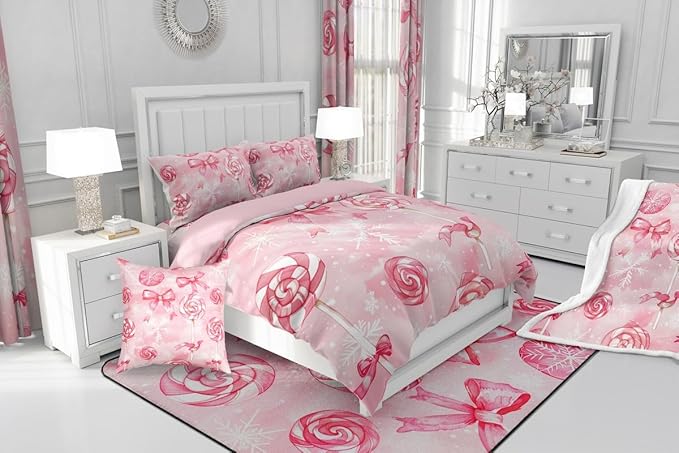 Feelyou Pink Bow Comforter Set Full Size Pink Lollipops Bedding Set for Kids Boys Girls Watercolor-Style Duvet Quilt Xmas Snowflake Bedroom Decor Christmas Microfiber 3 Pcs with 2 Pillow Cases