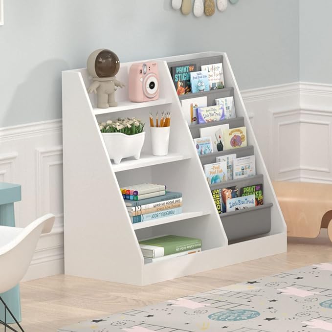 4 Tier Kids Wooden Bookshelf, 5 Layer Sling Toddler Bookcase,Baby Storage Book Rack,Book and Toy Organizer Cabinet,Children Book Display,Playroom Nursery Classroom Kid Room