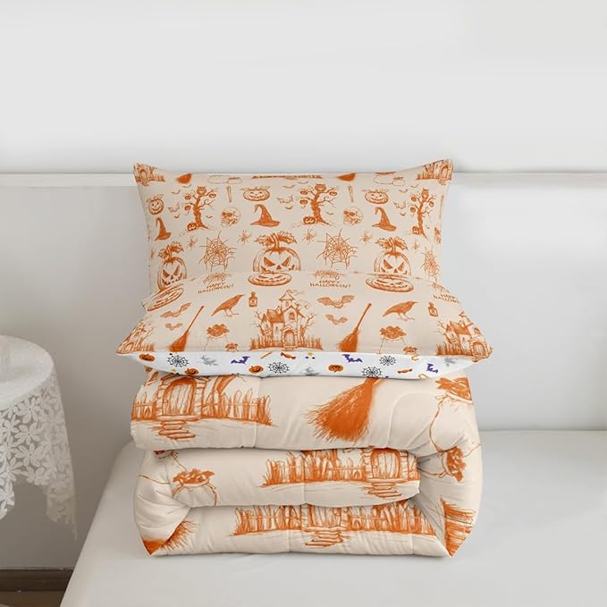 Erosebridal Halloween Bedding Set Orange Pumpkin Bat Comforter Set Toddler Size,Vintage Halloween Decor Quilt for Kids Boys Girls Adults Happy Festival Themed Duvet Insert