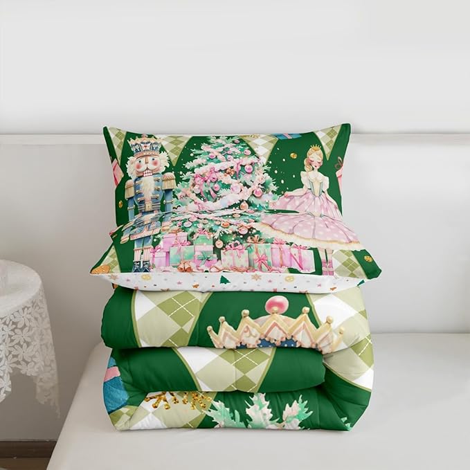 jejeloiu Christmas Nutcracker Comforter Set Toddler Size Gingerbread Man Bedding Set for Kids Boys Girls Xmas Tree Duvet Quilt Green Bedroom Decor