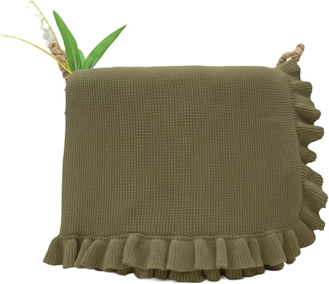 Cotton Baby Blanket with Ruffle Edge Soft Breathable Newborn Blanket for Boys & Girls, Lightweight Knit Throw for Crib, Stroller & Nursery Multiple Colors Available Green 30x40