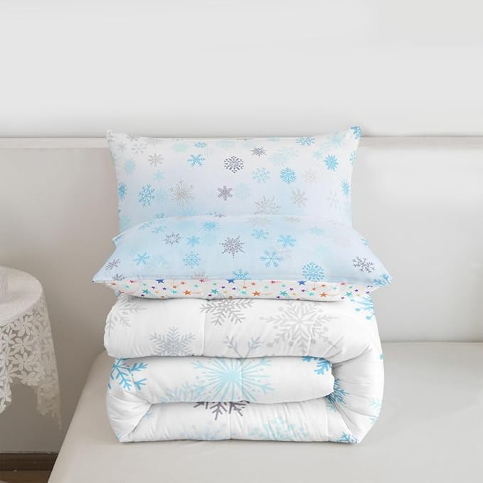 Feelyou Glitter Snowflake Comforter Set Full Size, Blue Snowflake Comforter Kids Toddler Ombre Bedding Set Winter Theme Duvet Set Microfiber Bed Set