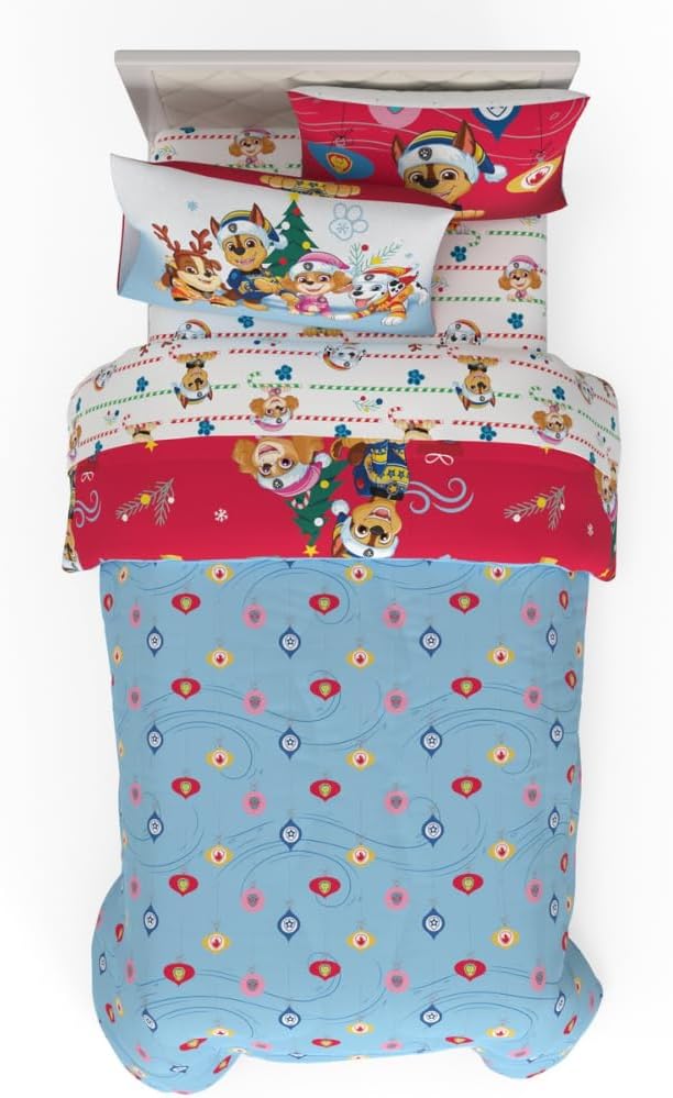 PAW Patrol Holiday & Christmas Kids Bedding Soft Comforter and Sheet Set with Sham, 5 Piece Twin Size, (Officially Licensed Product) by Franco