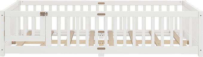 Bellemave Queen Size Floor Bed with Rails for Kids, Girls, Boys, Pine,Plywood Floor Bed with slats and Door, White