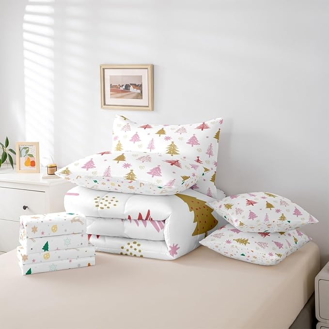 Erosebridal Merry Christmas Bedding Set King Cartoon Pink Christmas Comforter Set 7 Piece Kids Cute Xmas Tree Bed in A Bag for Adults Winter New Year Gift Quilt with Flat Fitted Sheet