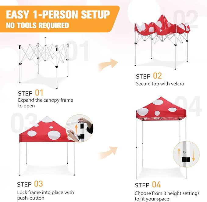 EAGLE PEAK 5x5 Pop Up Canopy Tent Instant Outdoor Canopy Easy Set-up Straight Leg Folding Shelter, Red Mushroom
