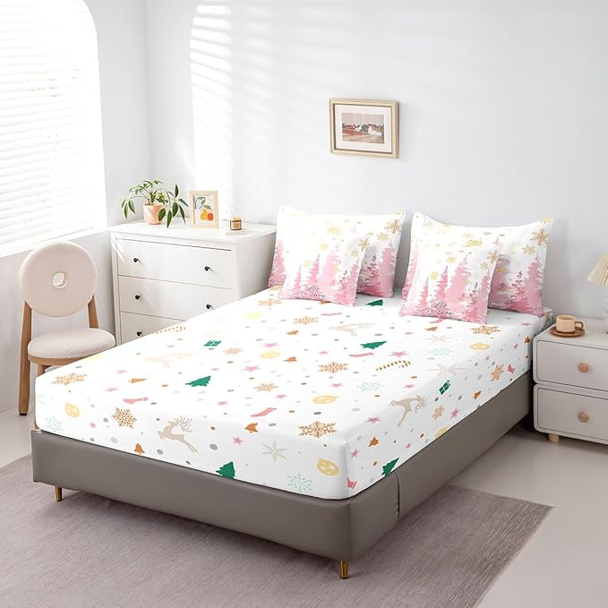 Feelyou Christmas Tree Bed Set for Children Kids Boys Girls Luxury Chic Xmas Theme Bed in a Bag Glitter Snowflake Comforter Set with Sheets Pink Room Decor Bedding Set Queen Size