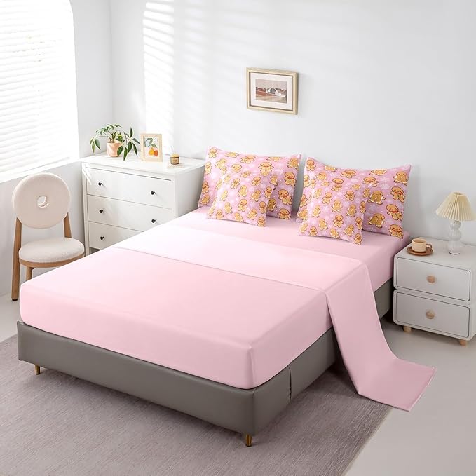 Erosebridal Christmas Gingerbread Twin Bedding Set 7 Piece,Cute Gingerbread Man Bed in A Bag,Xmas Snowflake Comforter Set Girls Sheet Set with Comforter,Pink Christmas Decoration