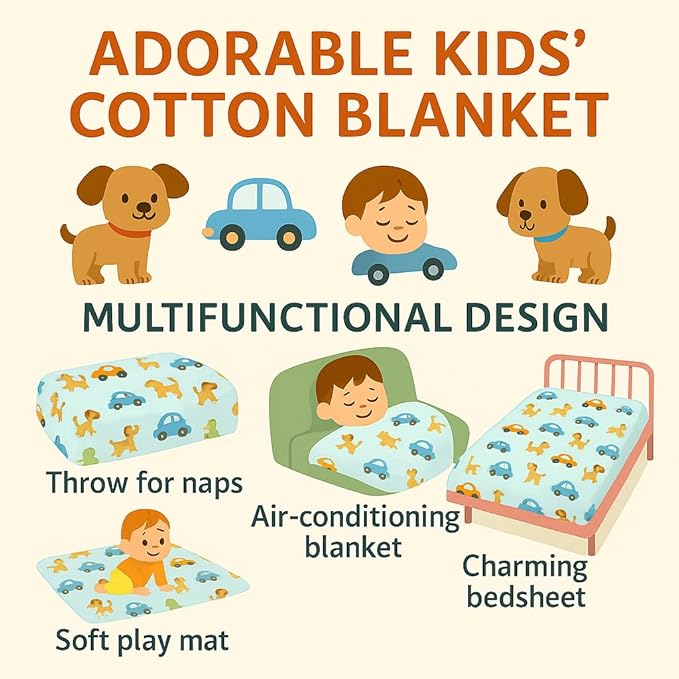 Kids Throw Blanket – Soft Cotton Toddler Blanket with Cute Dogs & Cars Pattern, Breathable Lightweight Bed Throw for Boys Girls, Perfect for Spring Summer Fall, 40 x 60 in (101.6 x 152.4 cm)