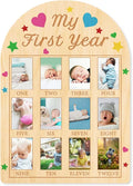 ORIGACH My First Year Baby Growth Photo Display Wood Board - 12 Months Newborn Milestones Photo Board - Neutral Baby Keepsake Frame 1st Birthday Party Nursery Decor New Mom Gift -Colorful Heart Star