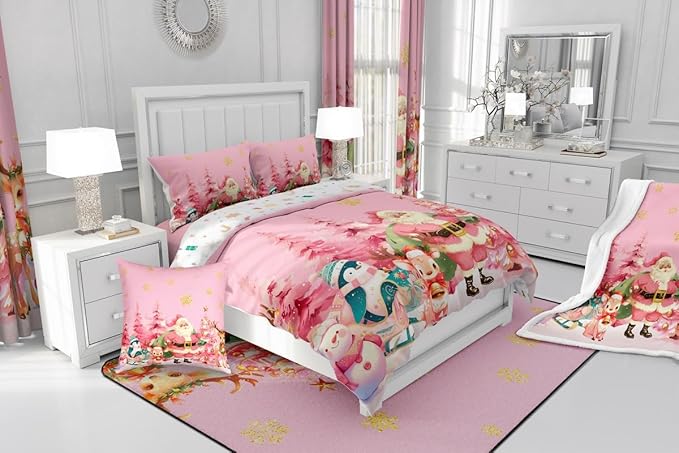 jejeloiu Merry Christmas Comforter Set Queen Size Santa Claus Bedding Set for Kids Boys Girls Cute Deer Duvet Quilt Pink Bedroom Decor
