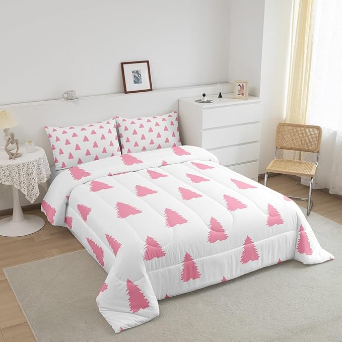 Feelyou Pink Christmas Trees Bedding Set for Kids Boys Girls Toddler Size Holiday Comforter Set Ultra Soft Winter Comforter Xmas Decor Duvet Quilt Bedroom Decor Christmas Ornaments Quilt