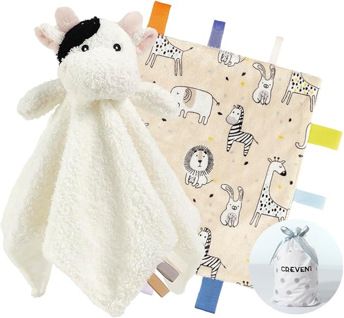 CREVENT Cozy Plush Baby Security Blanket, Loveys for Baby Girls and Boys, Birthday (Cow + Tag)