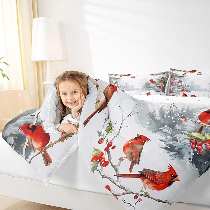 jejeloiu Kids Red Cardinal Comforter Set Twin Size Christmas Theme Bedding Set for Boys Girls Teens Xmas Birds Winter Country Woodland Animal Duvet Quilt Room Decor