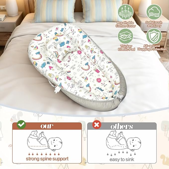 JIFTOK Baby Nests Lounger for Newborn, Snuggle Bassinet for 0-24M, Breathable Portable Co Bed, Baby Essentials Adjustable Infant Soft Cotton Loungers for Home & Travel -Ice Cream