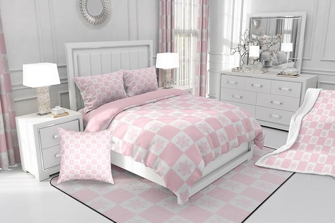 Feelyou Christmas Kids Comforter Set Twin Size Checkered Bedding Set Snowflake Duvet Quilt for Kids Boys Girls Bedroom Xmas Decorations Decor Pink Microfiber Ultra Soft Breathable
