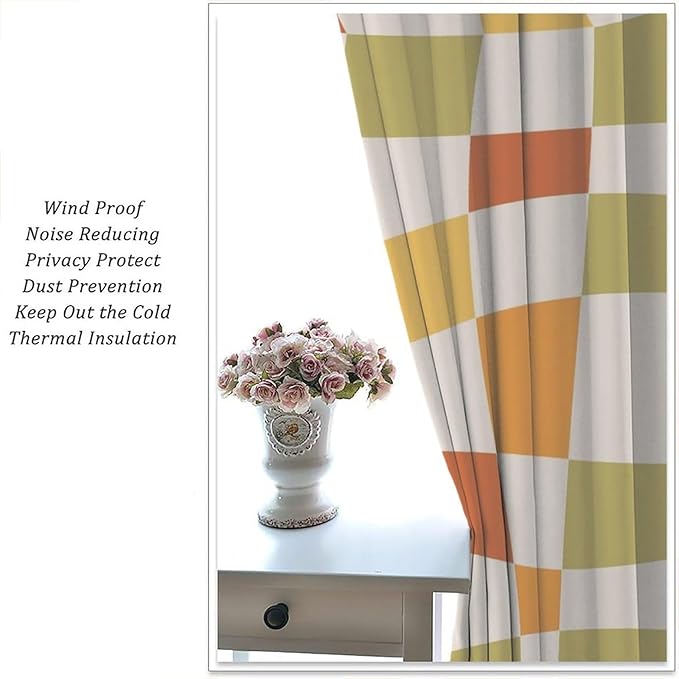 Orange Checkered Curtains,70s Vintage Twisted Checkered Window Drapes Colorful Groovy Trendy Wavy Hippie Grid Print Window Treatments for Kids Girls Bedroom Living Room Bathroom 52"W X 84"L