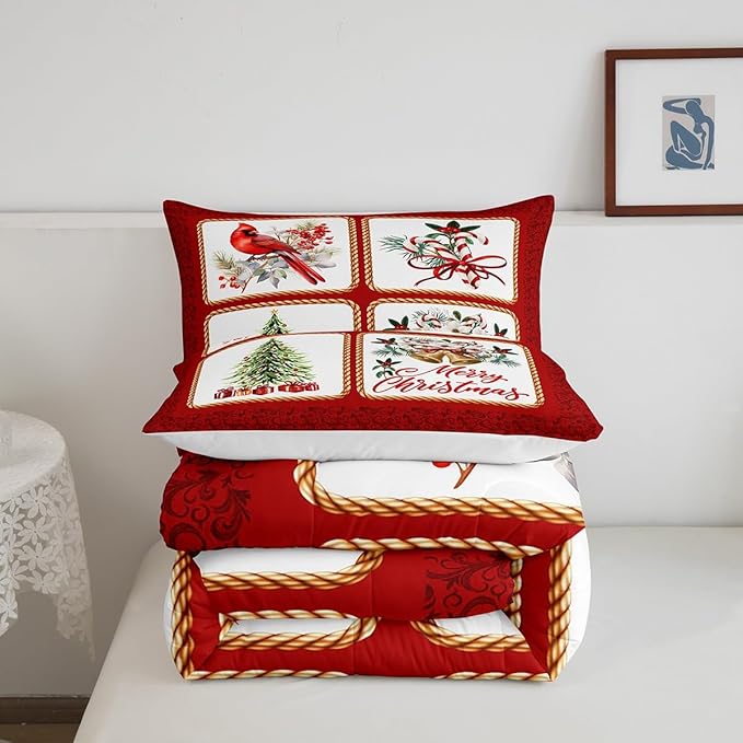 Christmas Plaid Full Size Comforter Set,Berries Cardinals Xmas Pine Print Bedding Comforters Bedroom Collection,Floral Bells Red Lace Patchwork Bedding Set for Girls Teens