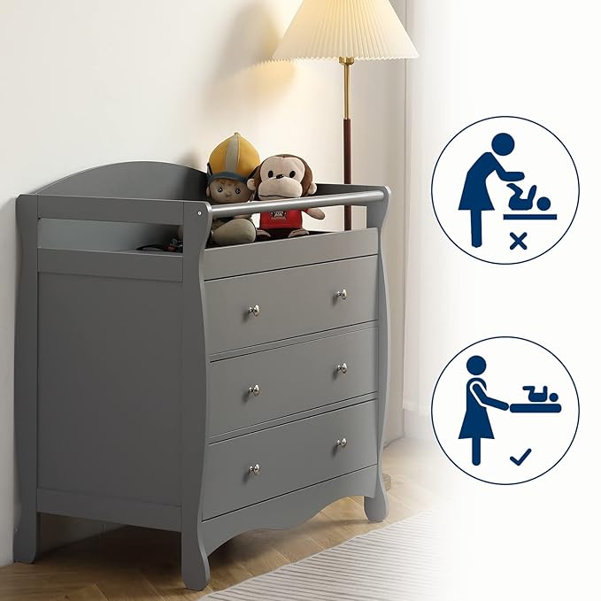 Karl home Changing Table Dresser Baby Diaper Changing Station Infant Nursing Table with 3 Drawers, Safety Rail & Strap for Bedroom, Nursery, Gray