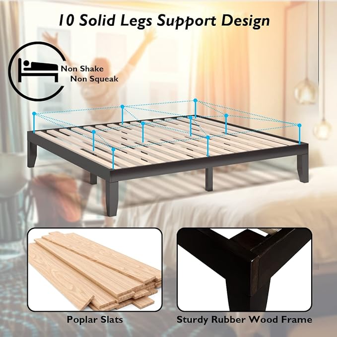 KOMFOTT 14 Inches Wood Platform Bed Frame Queen Size, Wooden Mattress Foundation with Rubber Wood Frame, Strong Wooden Slat Support, No Box Spring Needed, Bed Frame (Dark Brown)