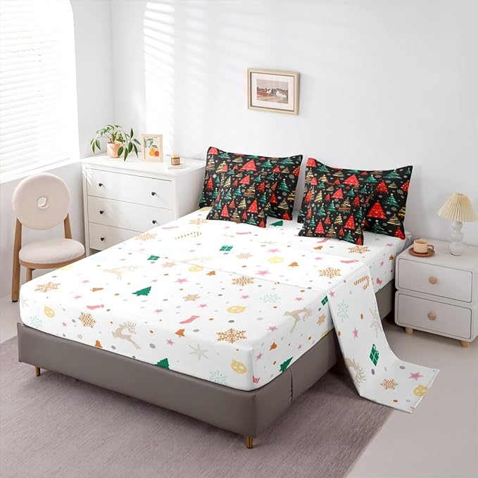 Erosebridal Black Christmas Bedding Set King Red Green Christmas Tree Comforter Set 7 Piece Xmas Forest Pine Trees Bed in A Bag for Adults Winter Xmas Snowflake Quilt with Flat Fitted Sheet
